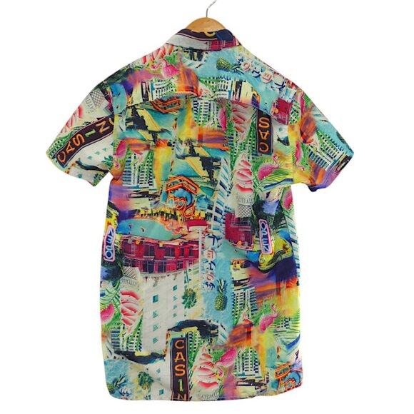 Surf Society City Print Shirt M Funky Y2K Resort Party Coastal Festival - Picture 2 of 7